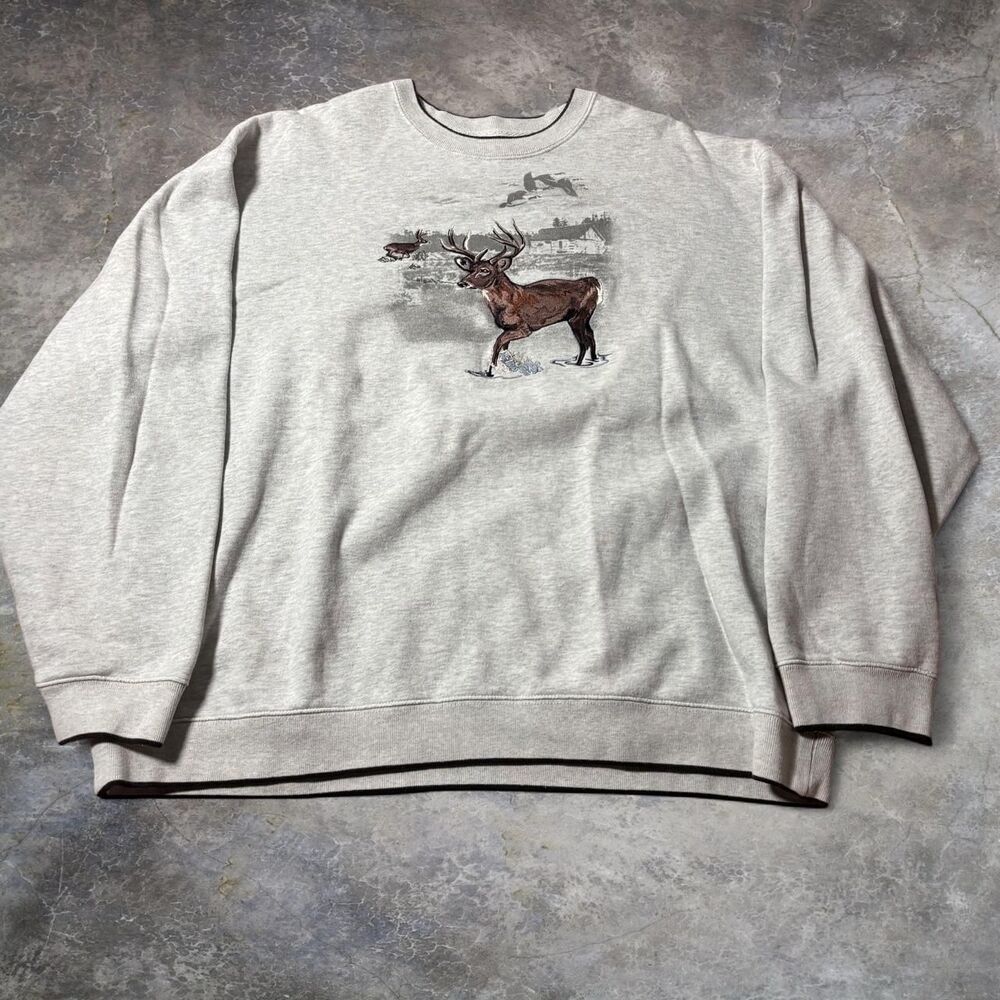 Croft & Barrow Sweatshirt Womens White Large Deer Embroidered Crewneck Hunting